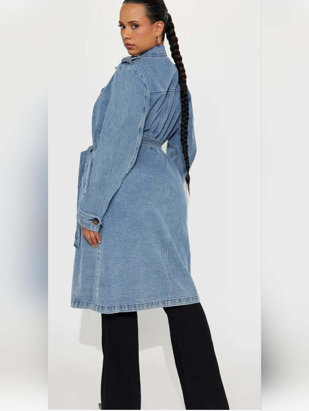 Fashion Nova Take You There Denim Belted Trench Coat Size XL NWT Medium Wash - Picture 7 of 12